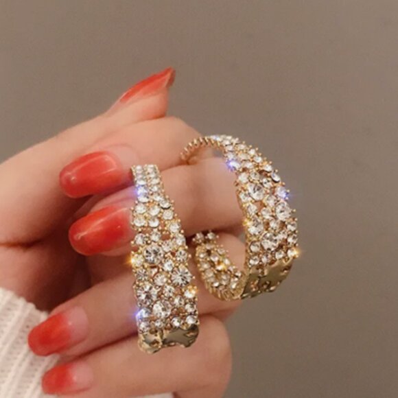 NEW Gold Plated Crystal Circle C Hoop Earrings - Picture 5 of 7